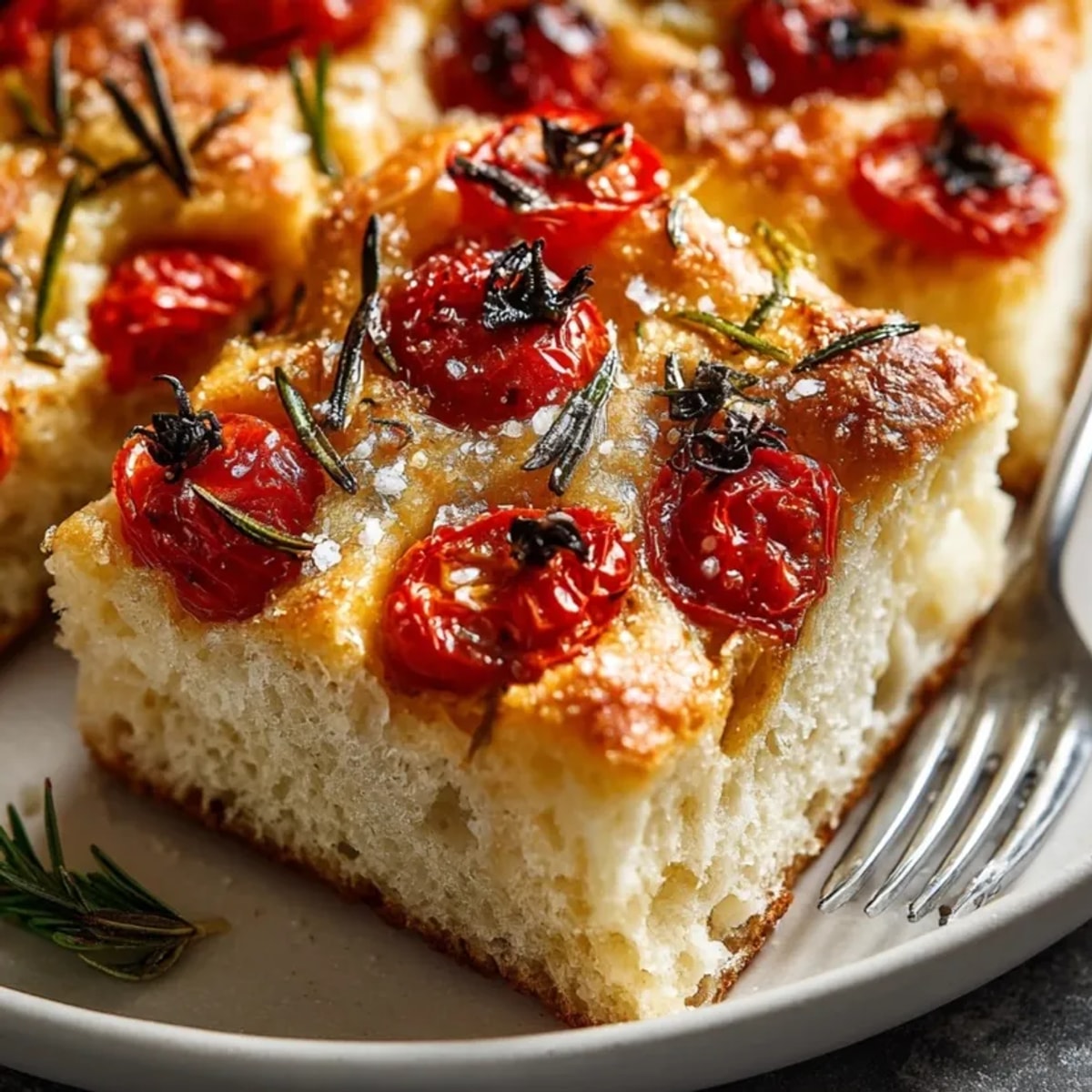 Golden Rosemary Sea Salt Focaccia with bubbly crust and juicy cherry tomatoes baked to perfection.