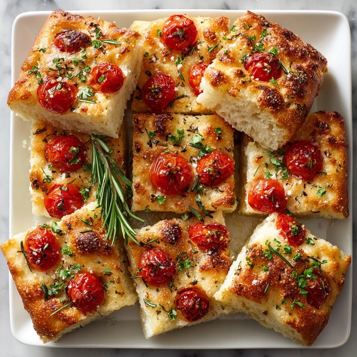 Freshly baked Rosemary Sea Salt Focaccia featuring bright red cherry tomatoes, ready to serve and enjoy.