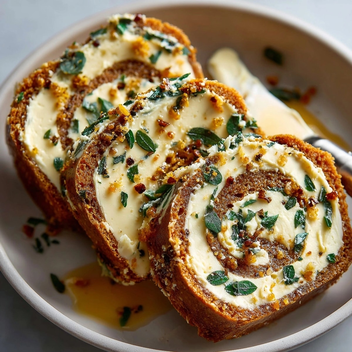 A close-up of melting Brown Butter Sage Compound Butter, ready to flavor a steak.