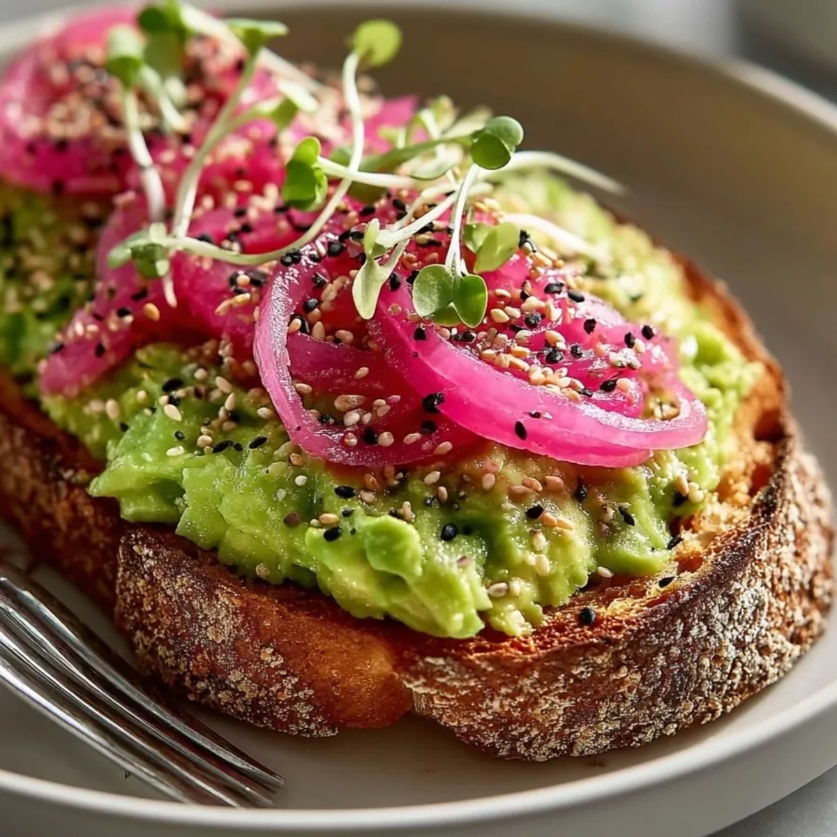 Creamy avocado Everything Bagel Avocado Toast topped with vibrant pickled onions, ready to eat.