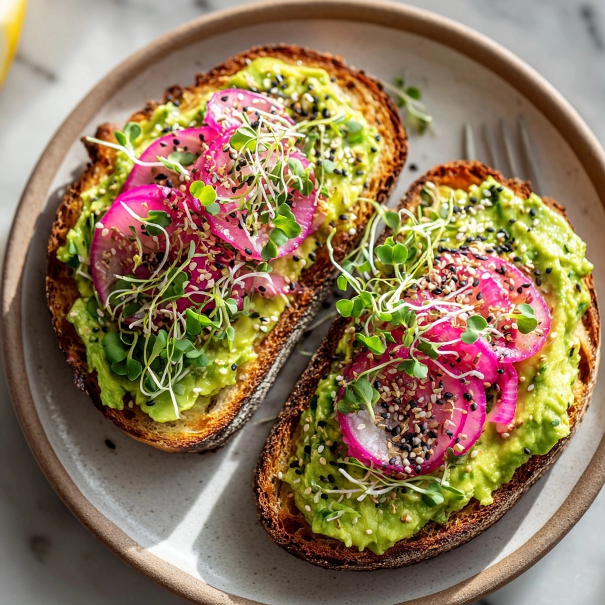 Savory Everything Bagel Avocado Toast: Imagine the flavorful combination of creamy avocado and pickled onions.