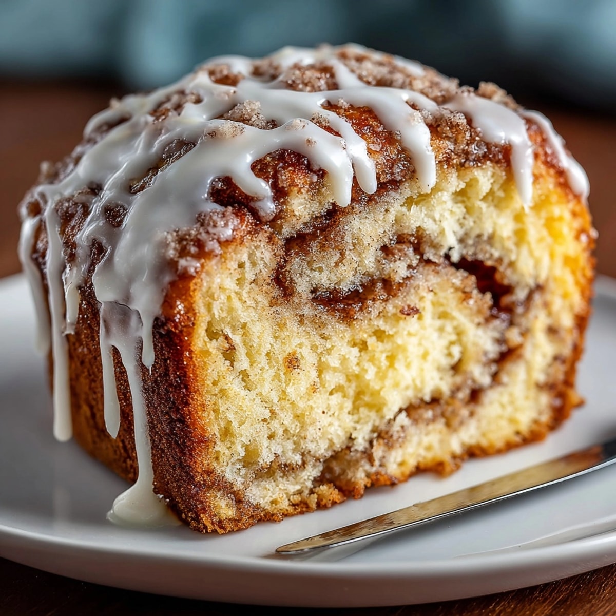 A close-up image of a tender, swirled Brown Butter Cinnamon Roll Bread, perfect for a cozy breakfast.