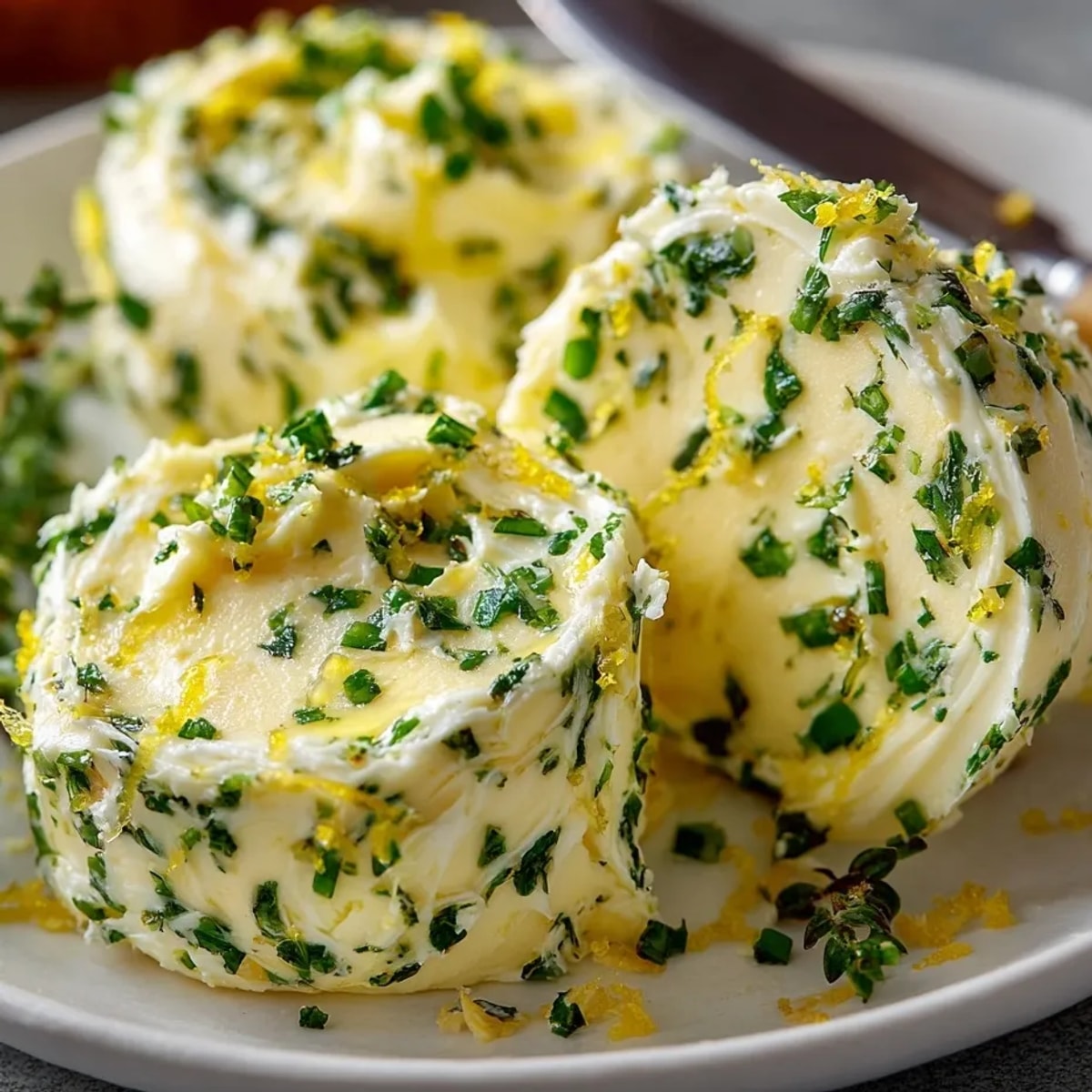 Close-up of creamy Garlic Herb Compound Butter with bright green herbs, ready to melt.