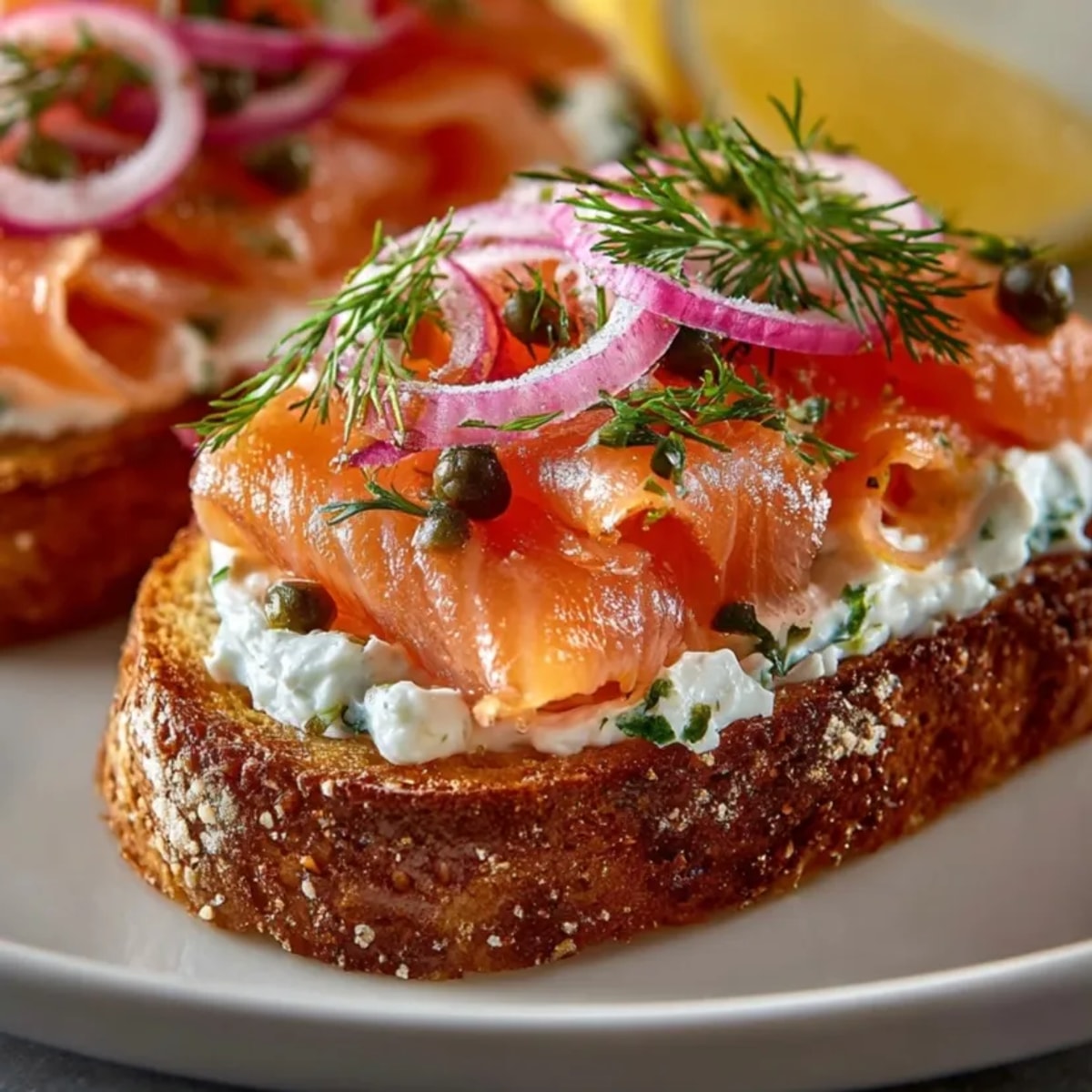Delicate smoked salmon atop dill cream cheese, a beautiful Smoked Salmon Toast ready to eat.