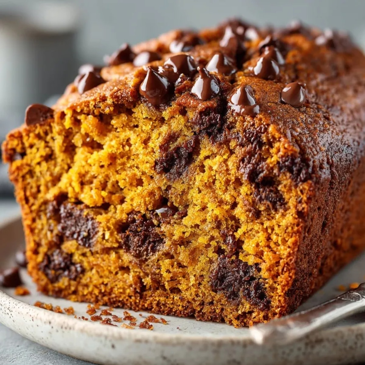 A warm slice of Pumpkin Chocolate Chip Loaf, perfect for a comforting dessert.