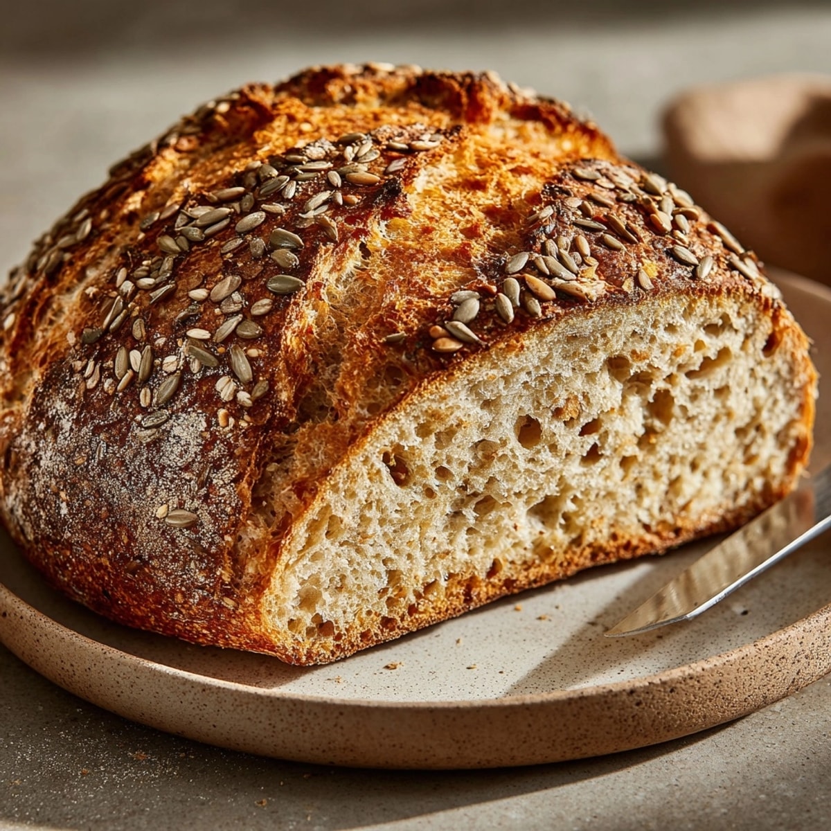 Golden-crusted rustic country sourdough with seeds, ready to slice and enjoy with butter and jam.