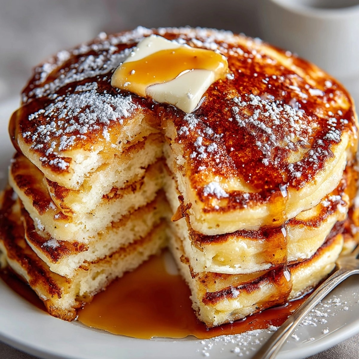 Golden, fluffy Classic Buttermilk Pancakes with Vanilla Bean topped for a perfect brunch treat.
