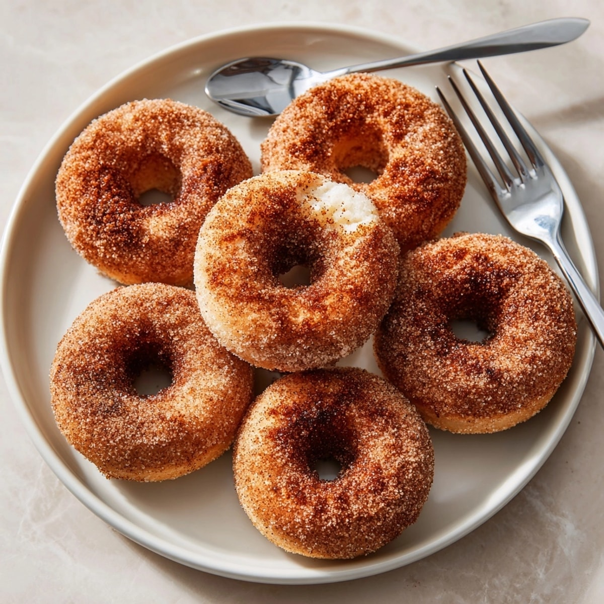 A tempting close-up of homemade apple cider donuts piled up, sweet and ideal for Fall.