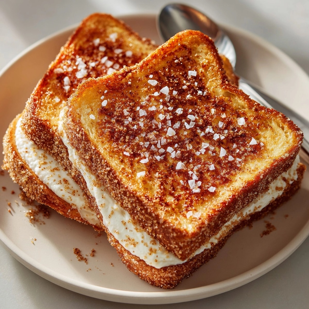 Creamy mascarpone coats warm Cinnamon Sugar Toast, a delightful snack topped with sweet cinnamon.