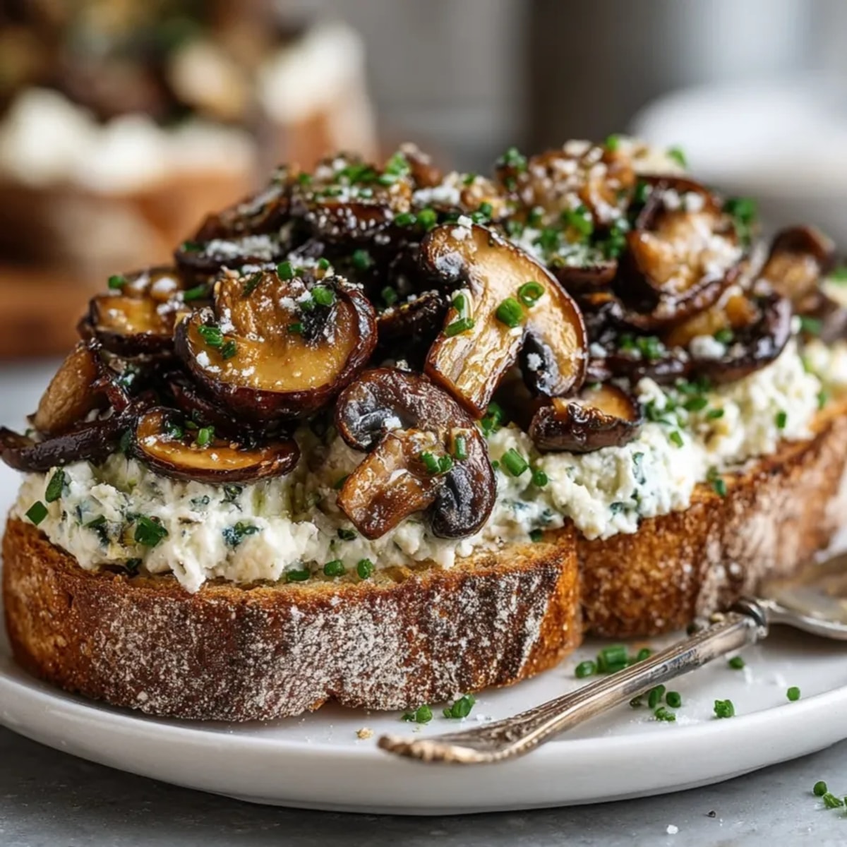Sizzling sautéed mushrooms top each creamy Mushroom Ricotta Toast, ready to enjoy!