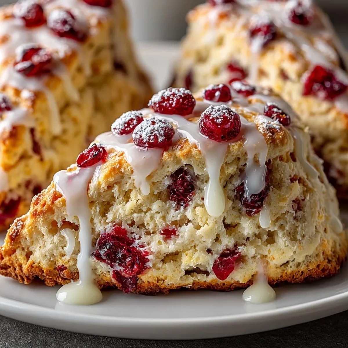 Golden-baked Cranberry Orange Scones sit alongside fresh cranberries, ready to be enjoyed with tea.
