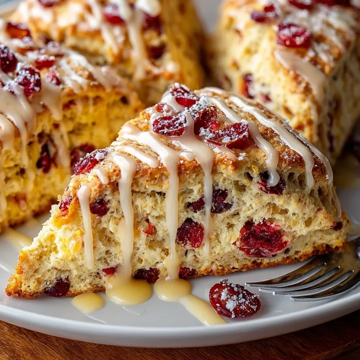 A close-up shows the texture of fluffy Cranberry Orange Scones, drizzled with sweet orange glaze, ready to eat.