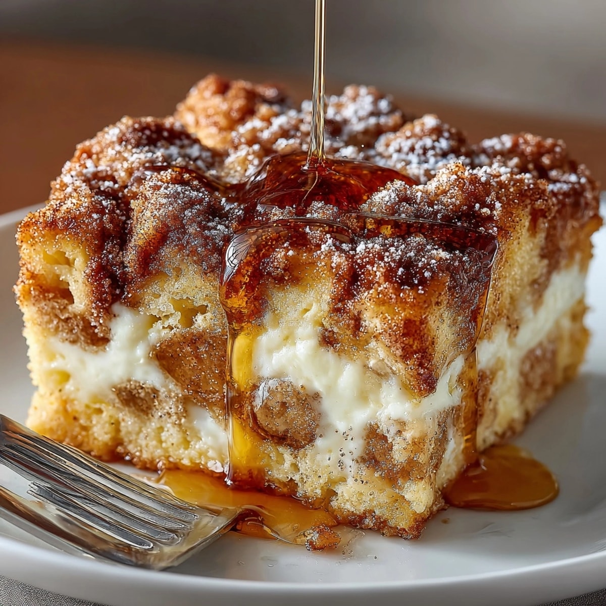Golden-brown Overnight French Toast Casserole, topped with cinnamon sugar, ready for a delicious breakfast.
