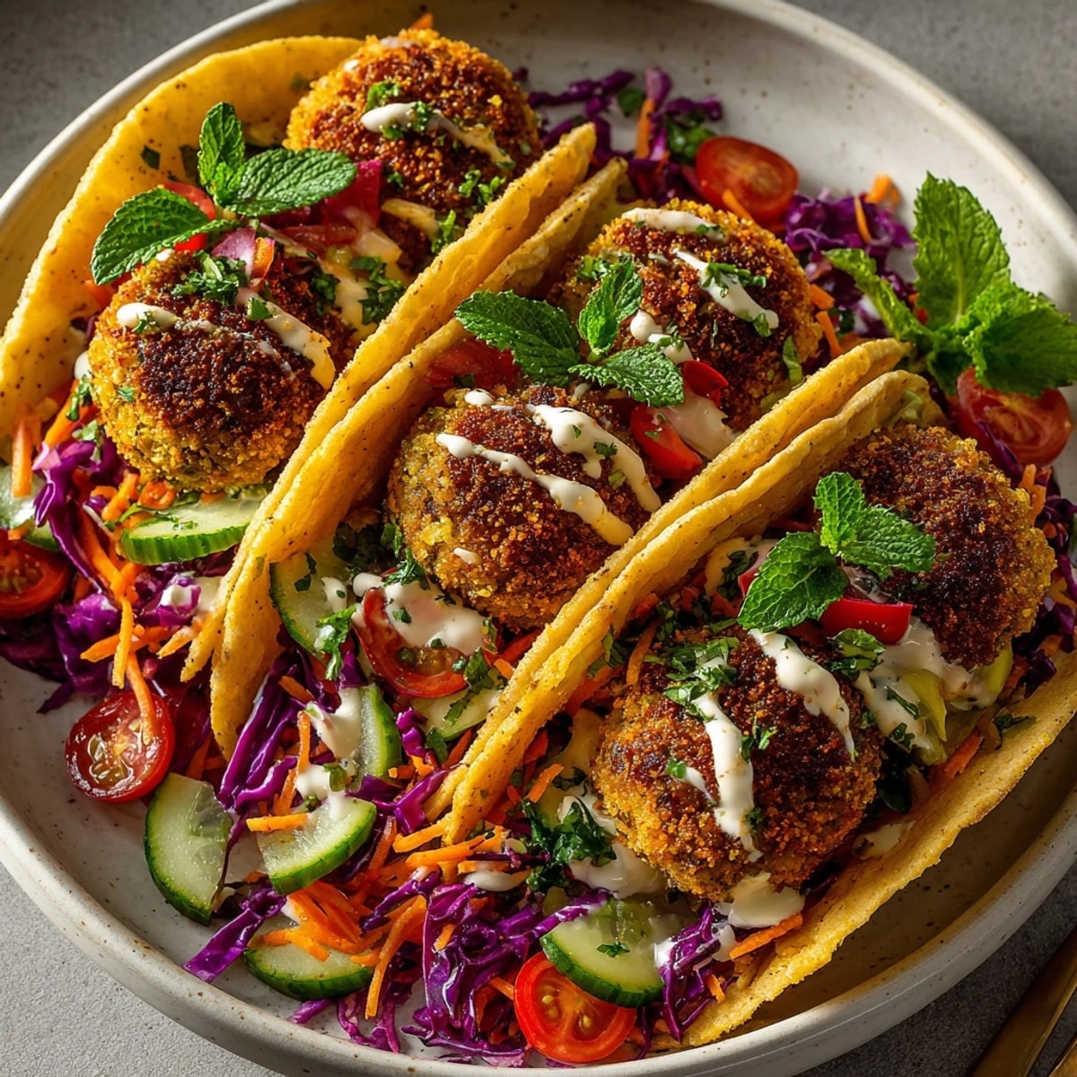 Golden-brown Global Falafel Street Tacos filled with vibrant slaw, a truly flavorful vegetarian meal.