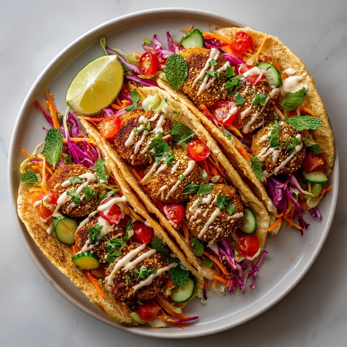 Imagine the satisfying crunch: crispy falafel inside Global Falafel Street Tacos, complete with fresh garnishes and sauces.