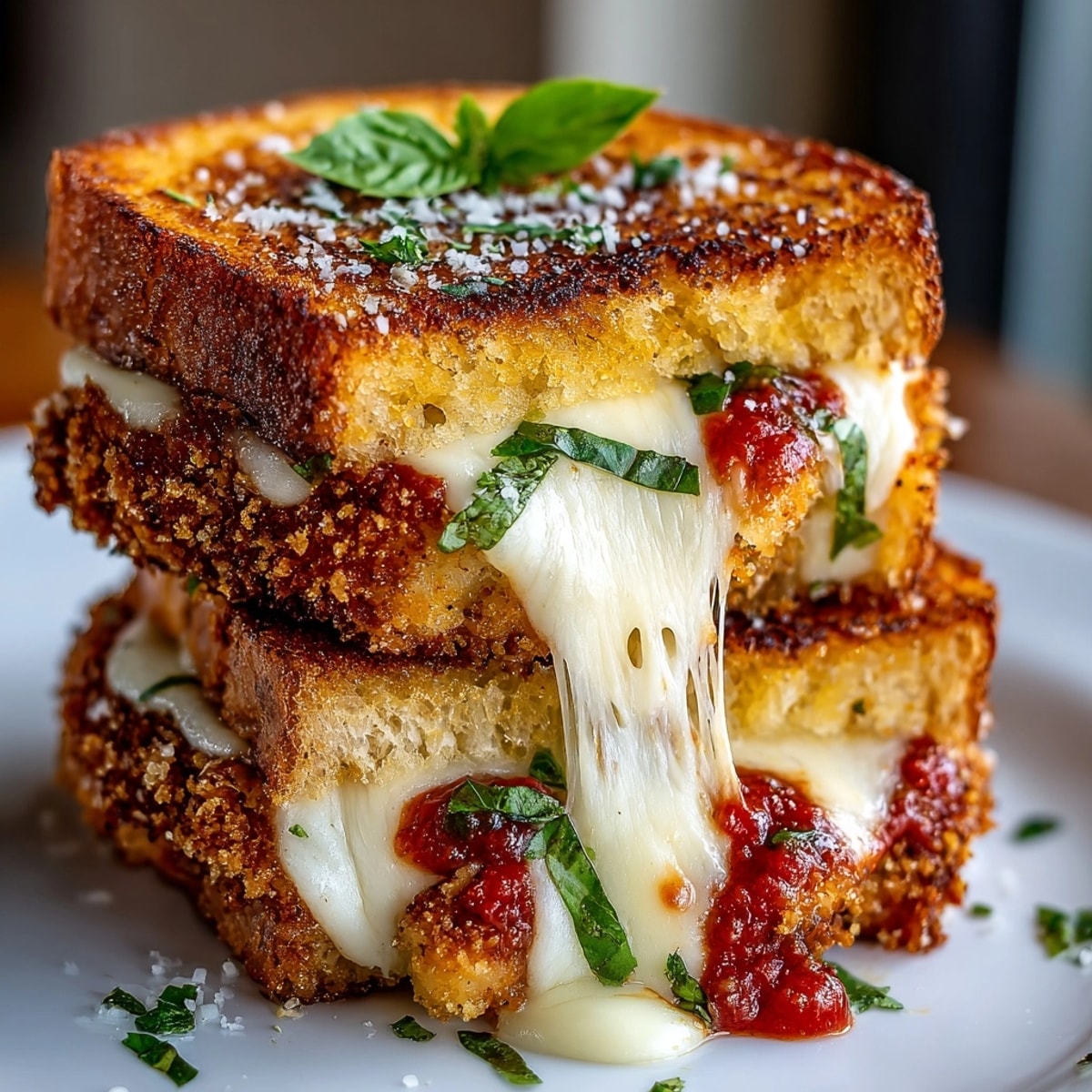 Golden, bubbly Chicken Parmesan Grilled Cheese sandwich, oozing with melted mozzarella and marinara sauce.