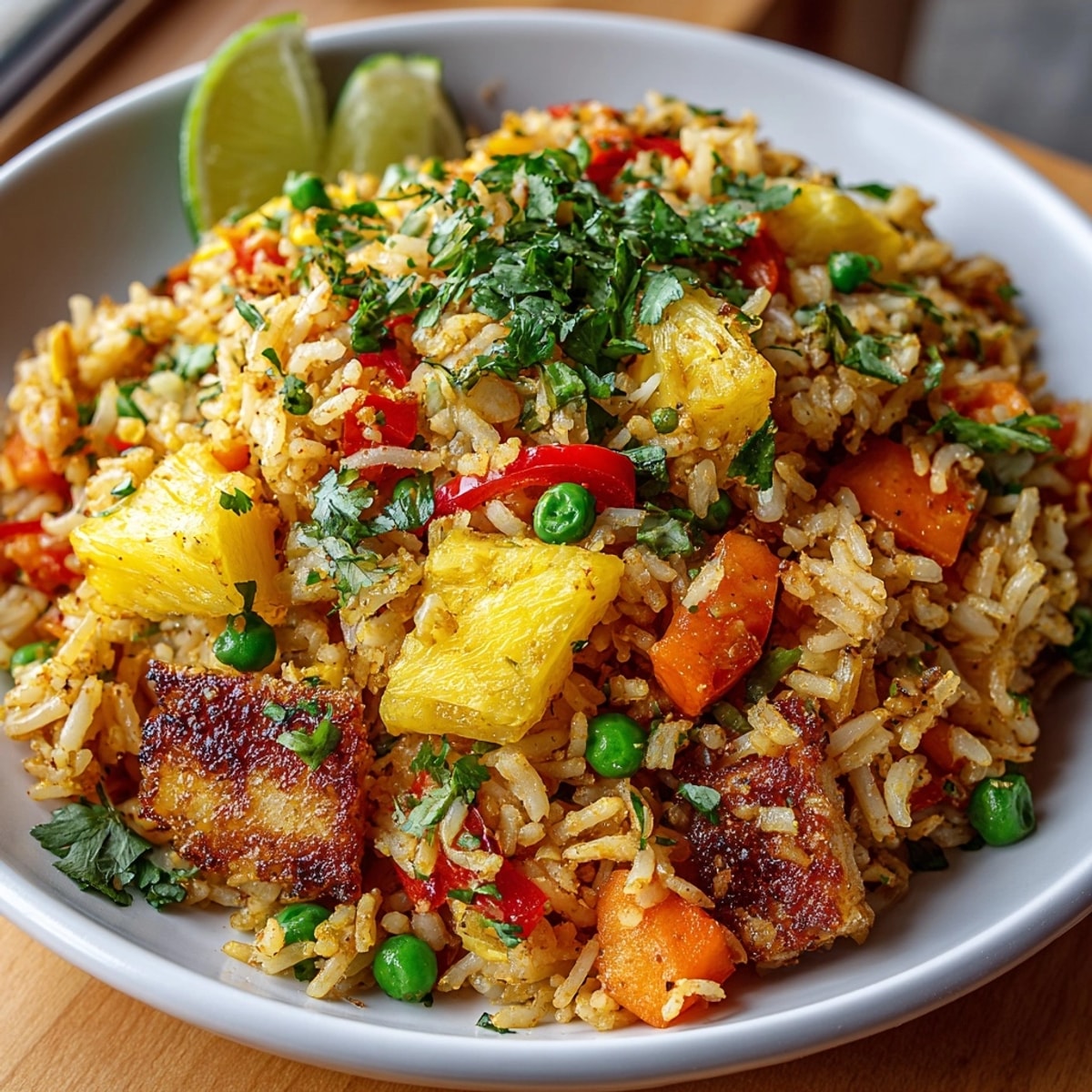 Golden Pineapple Fried Rice with vibrant vegetables, ready to serve in a beautiful presentation.