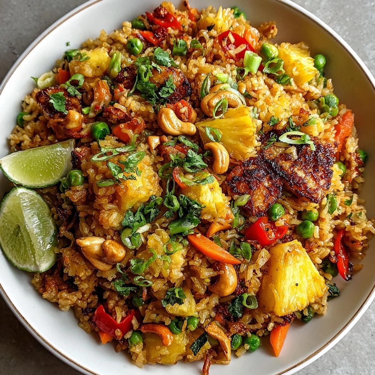 A steaming bowl of flavorful Pineapple Fried Rice, garnished with fresh cilantro and lime wedges.