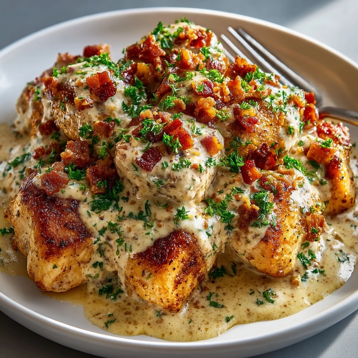 Creamy Bacon Ranch Chicken, a comforting meal with golden chicken and savory bacon bits.