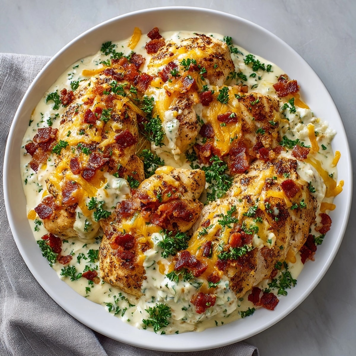 Delicious Creamy Bacon Ranch Chicken with melted cheese and fresh parsley, smells amazing!