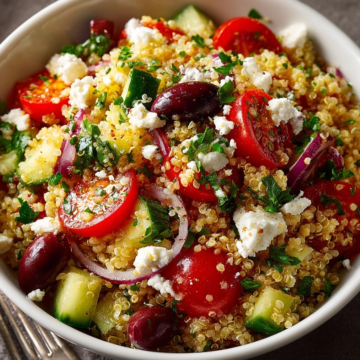 A refreshing Greek Quinoa Salad featuring colorful vegetables and creamy feta cheese.