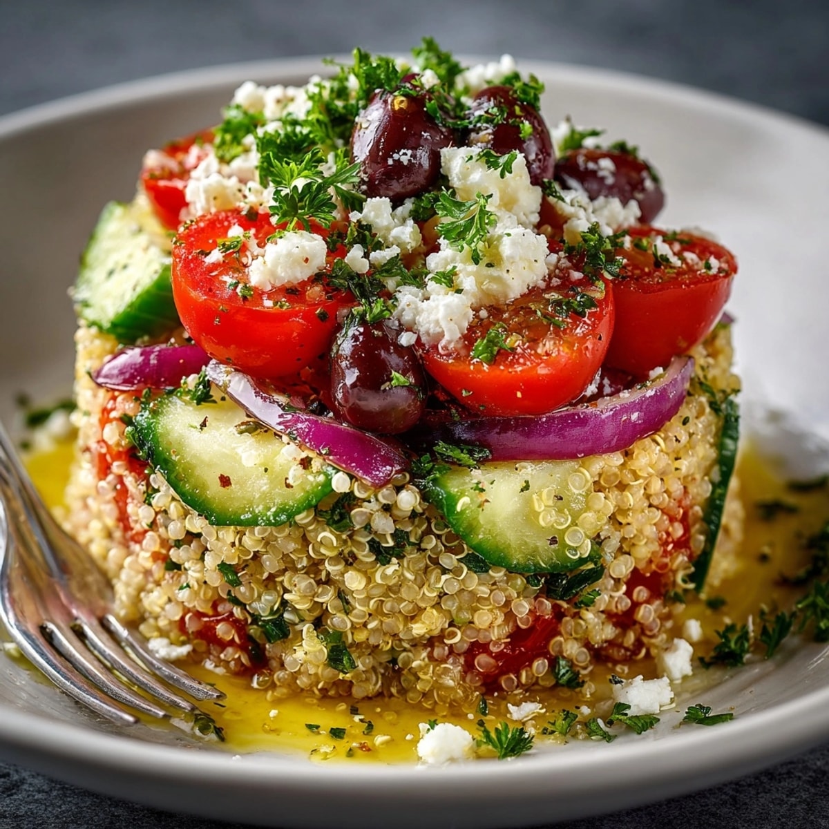 Homemade Greek Quinoa Salad ready to serve, showcasing the vibrant flavors of the Mediterranean.