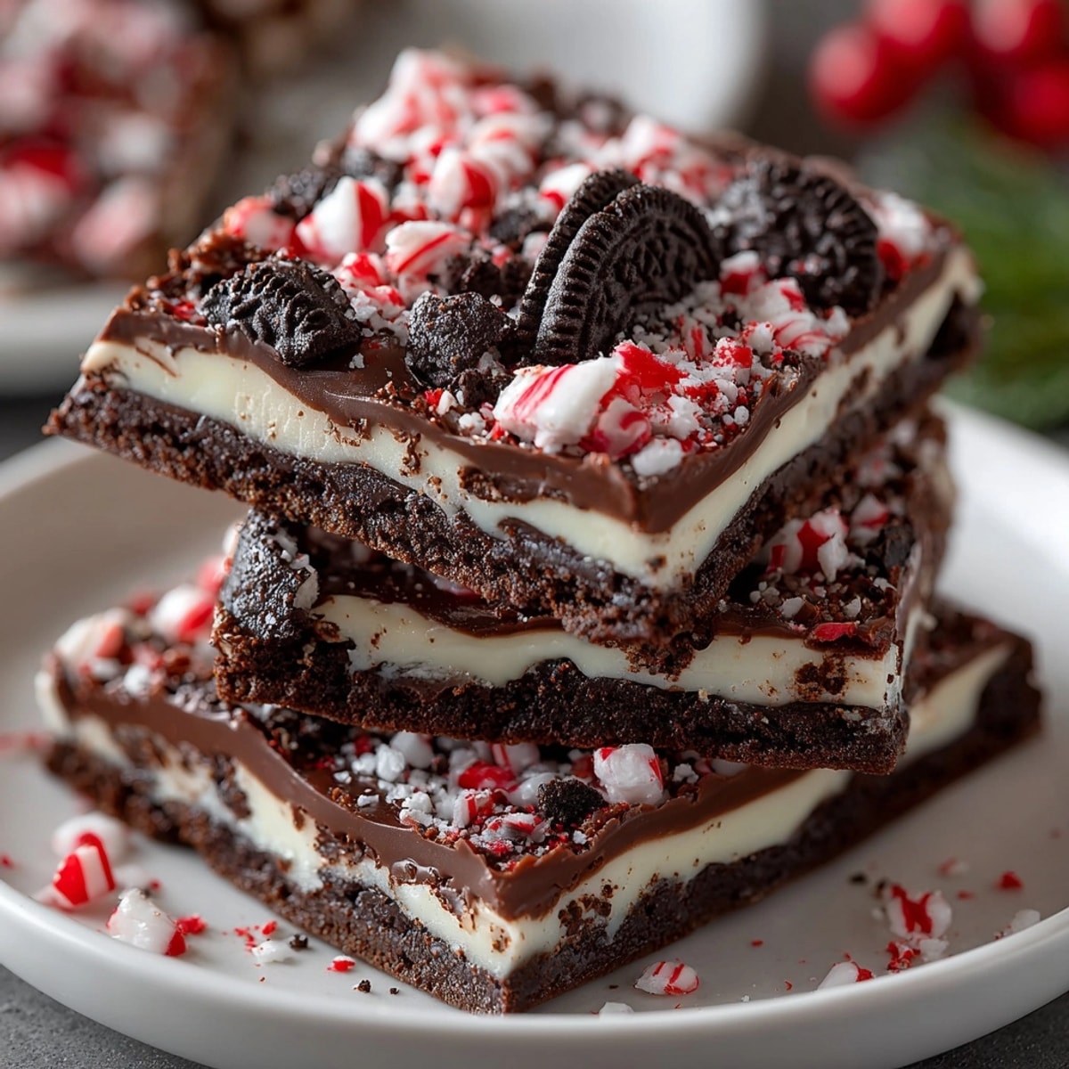 Vivid photo of Christmas Candy Cane Bark with Oreos, showing layers of chocolate and crushed candy.