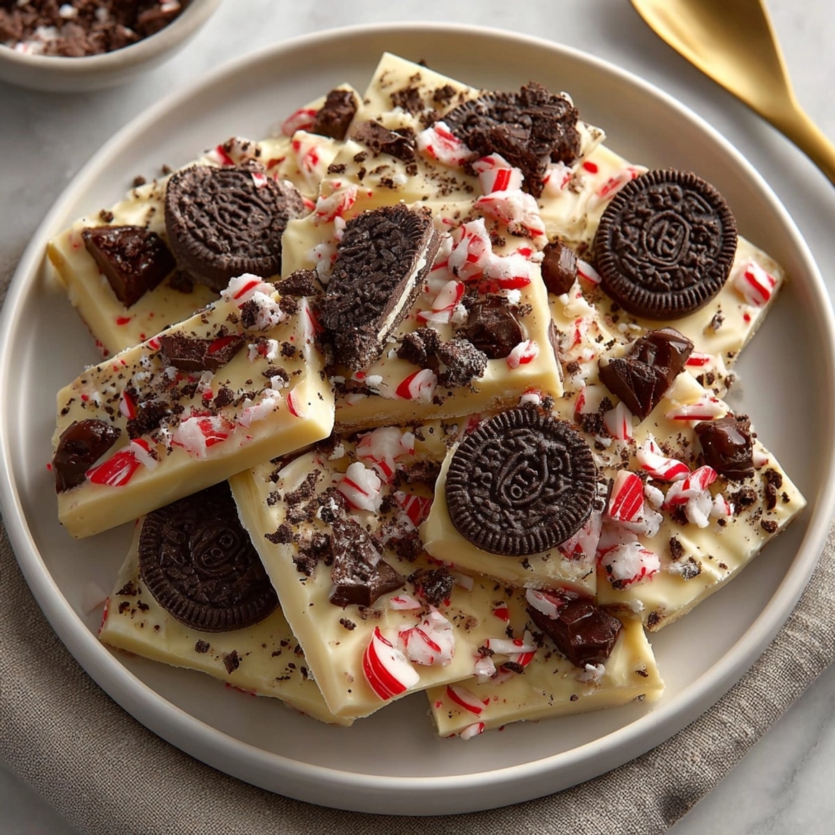 Crushed candy canes top delicious Candy Cane Bark with Oreos, a festive, no-bake chocolate dessert.