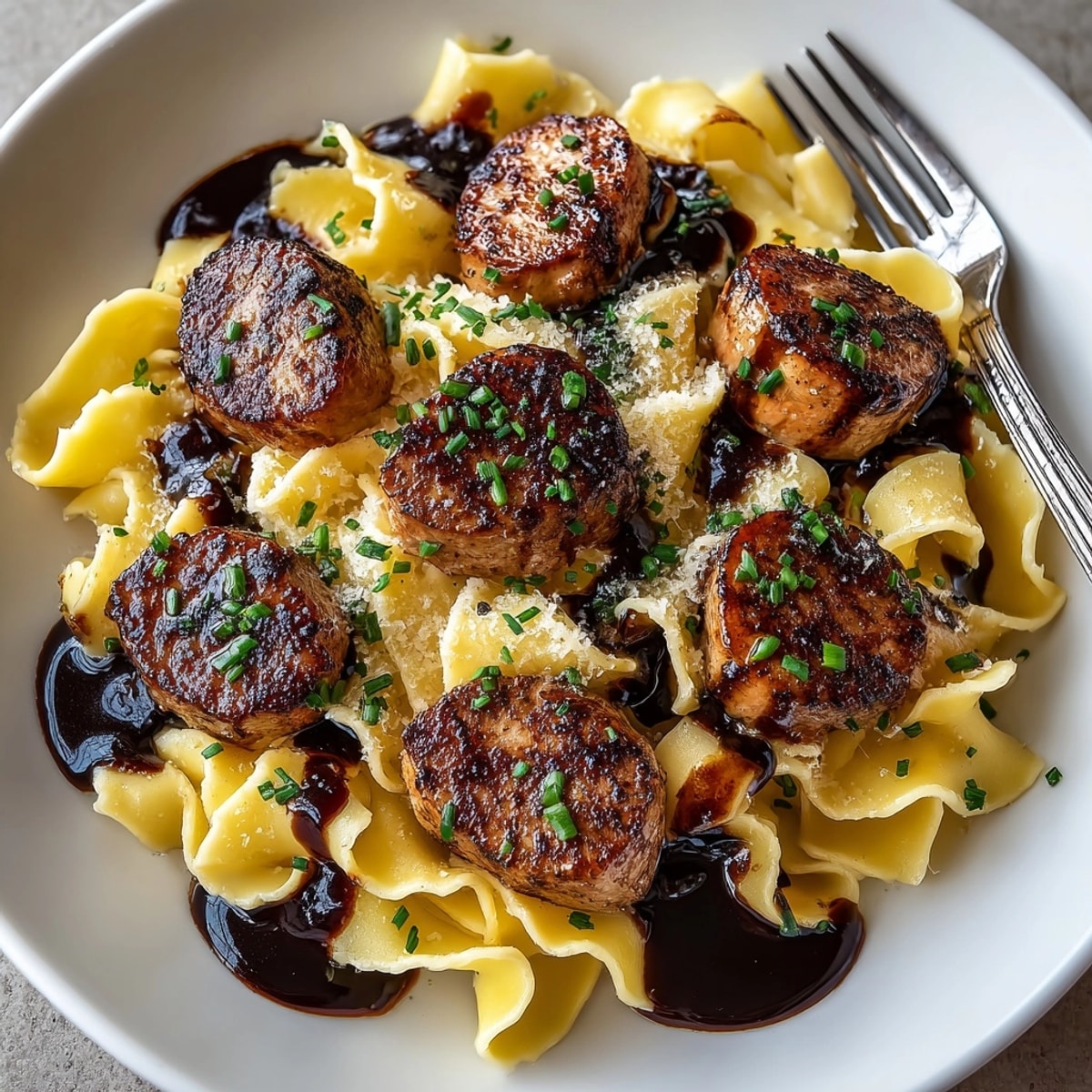 Rich foie gras pasta with port wine reduction, glistening on a plate, and ready to serve.