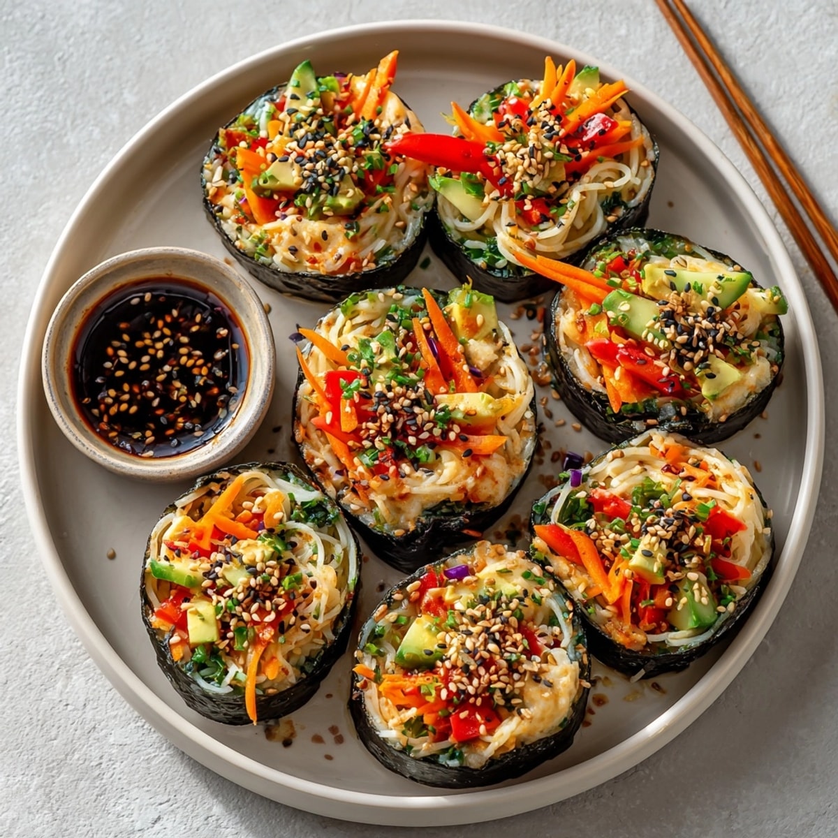 Fresh Pasta Sushi Rolls wrapped in nori, ready to be sliced and served with dipping sauce.