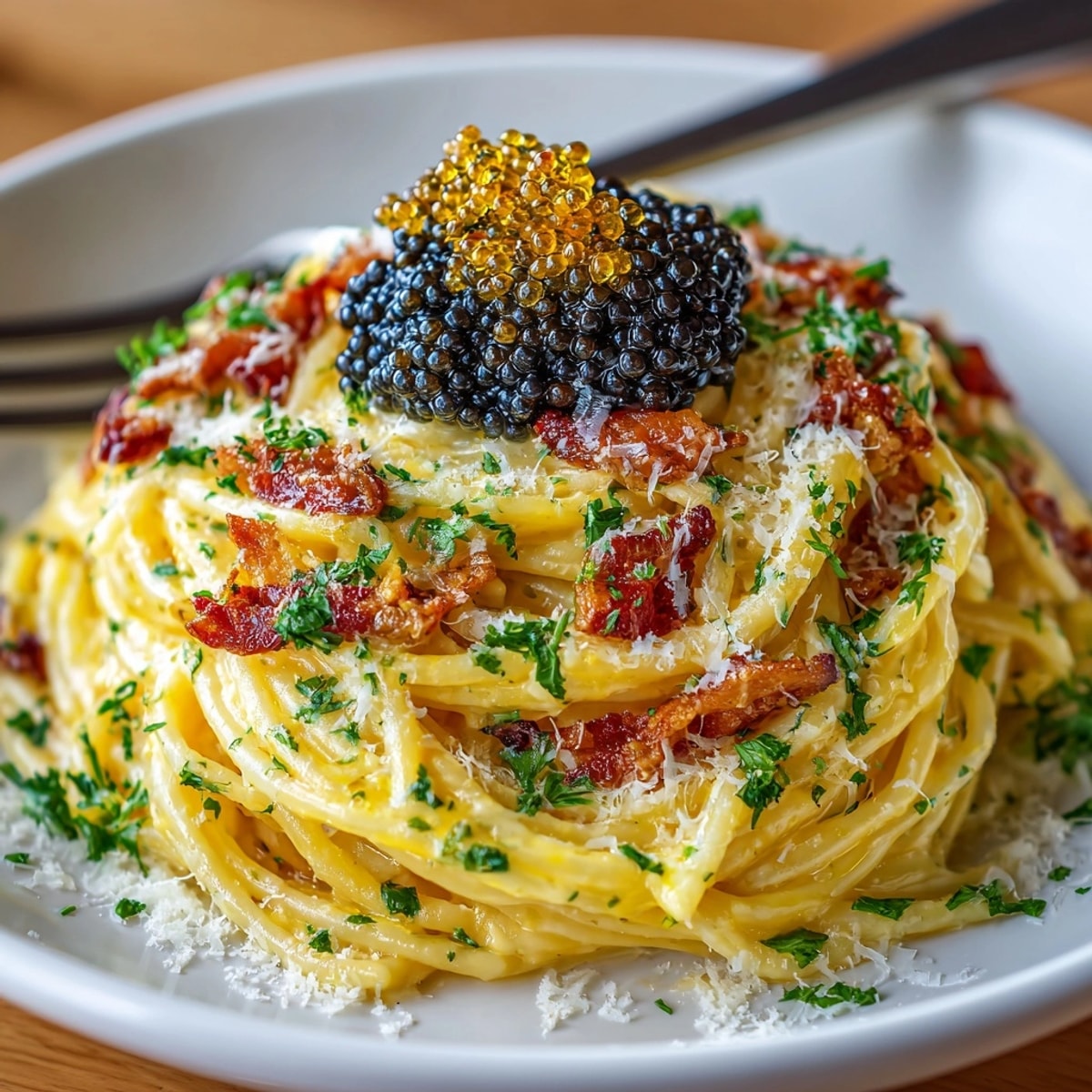 Elevated Caviar Carbonara, a comforting Italian pasta dish topped with glistening black caviar.