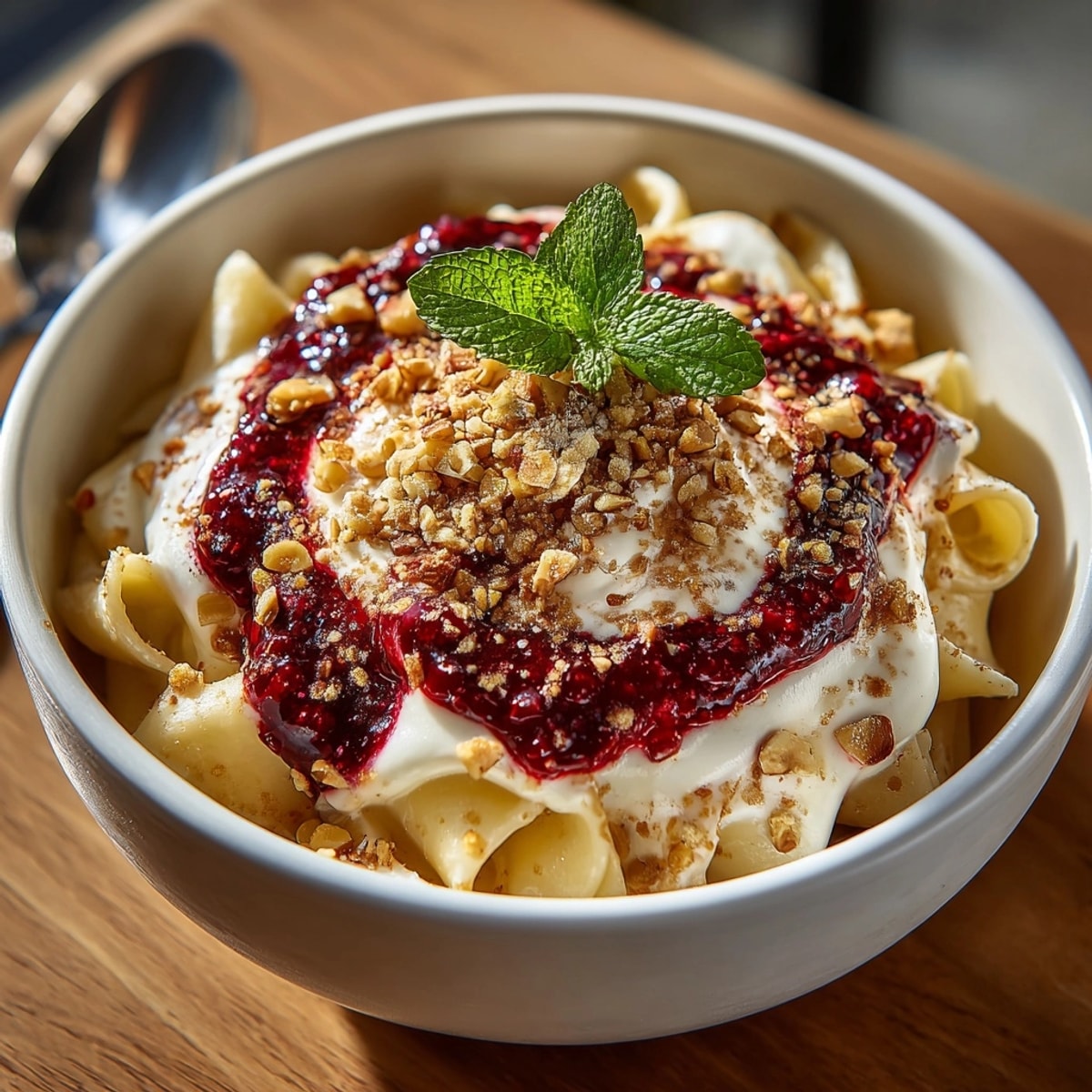 Creamy overnight oats "pasta" with a vibrant berry compote swirl, ready for a delicious breakfast.