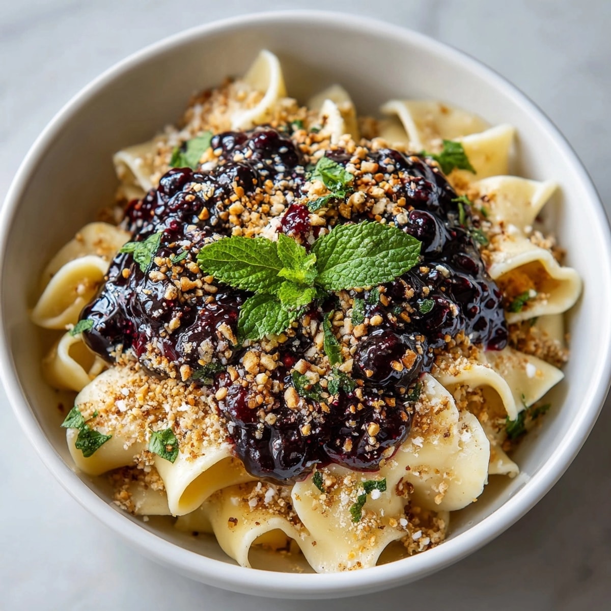 A top-down shot shows the beautiful Overnight Oats Pasta with berries and optional nut toppings.