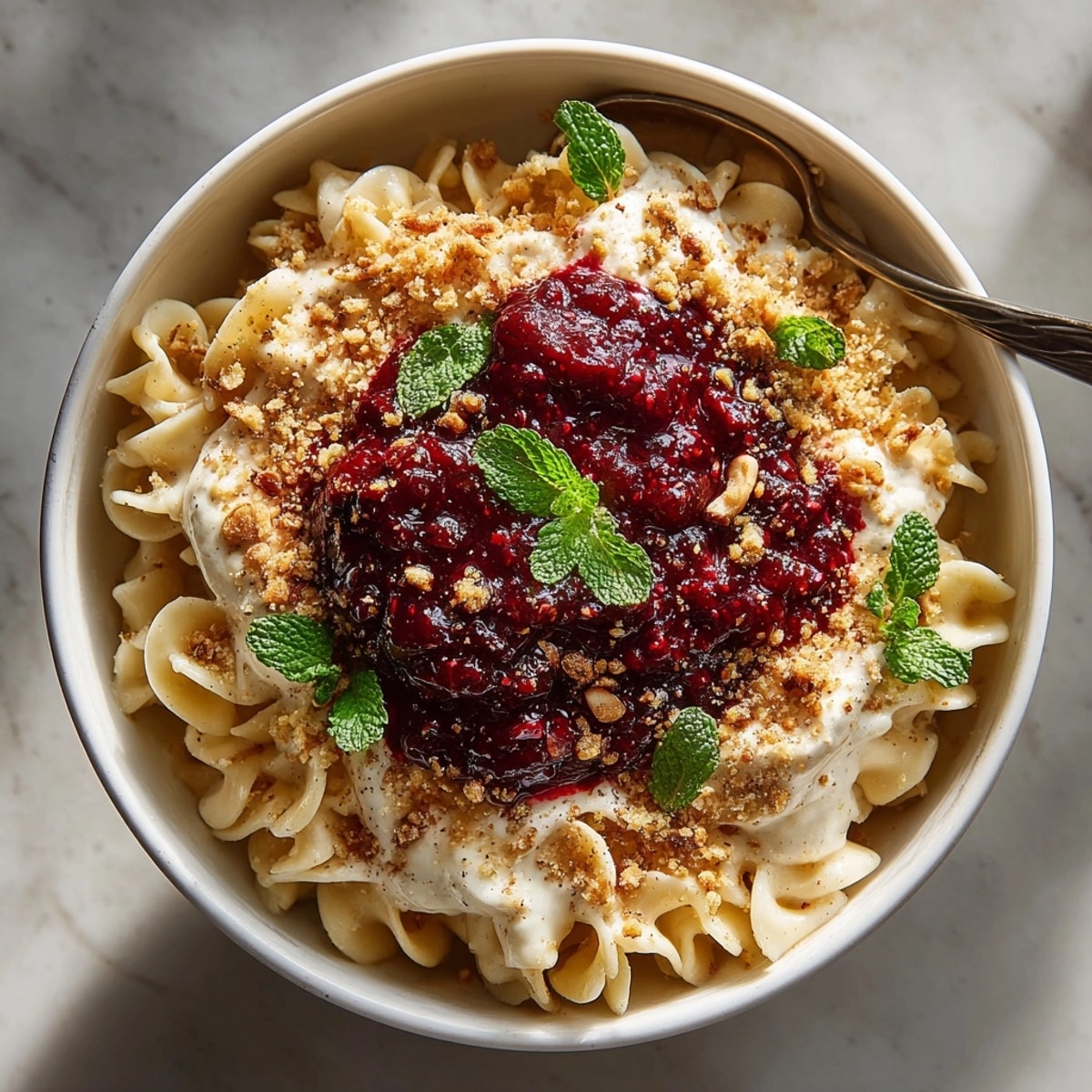 Imagine swirls of sweet Overnight Oats Pasta topped with a bright, juicy berry compote.