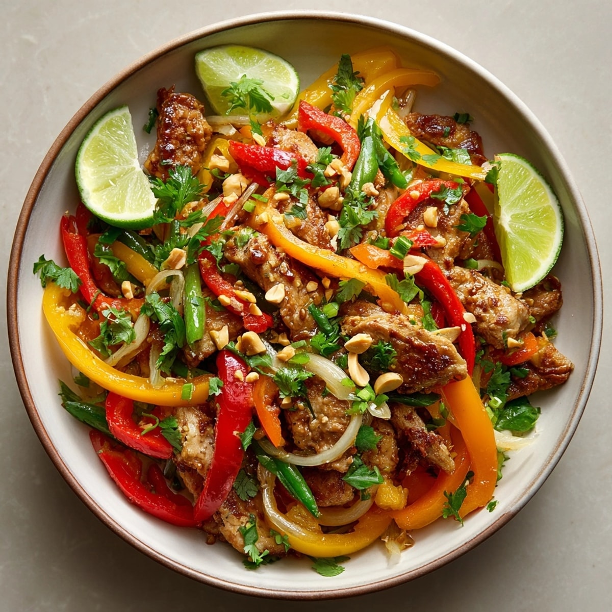 Close-up of Thai Peanut Chicken Stir-Fry garnished with fresh cilantro, lime wedges, and chopped peanuts.