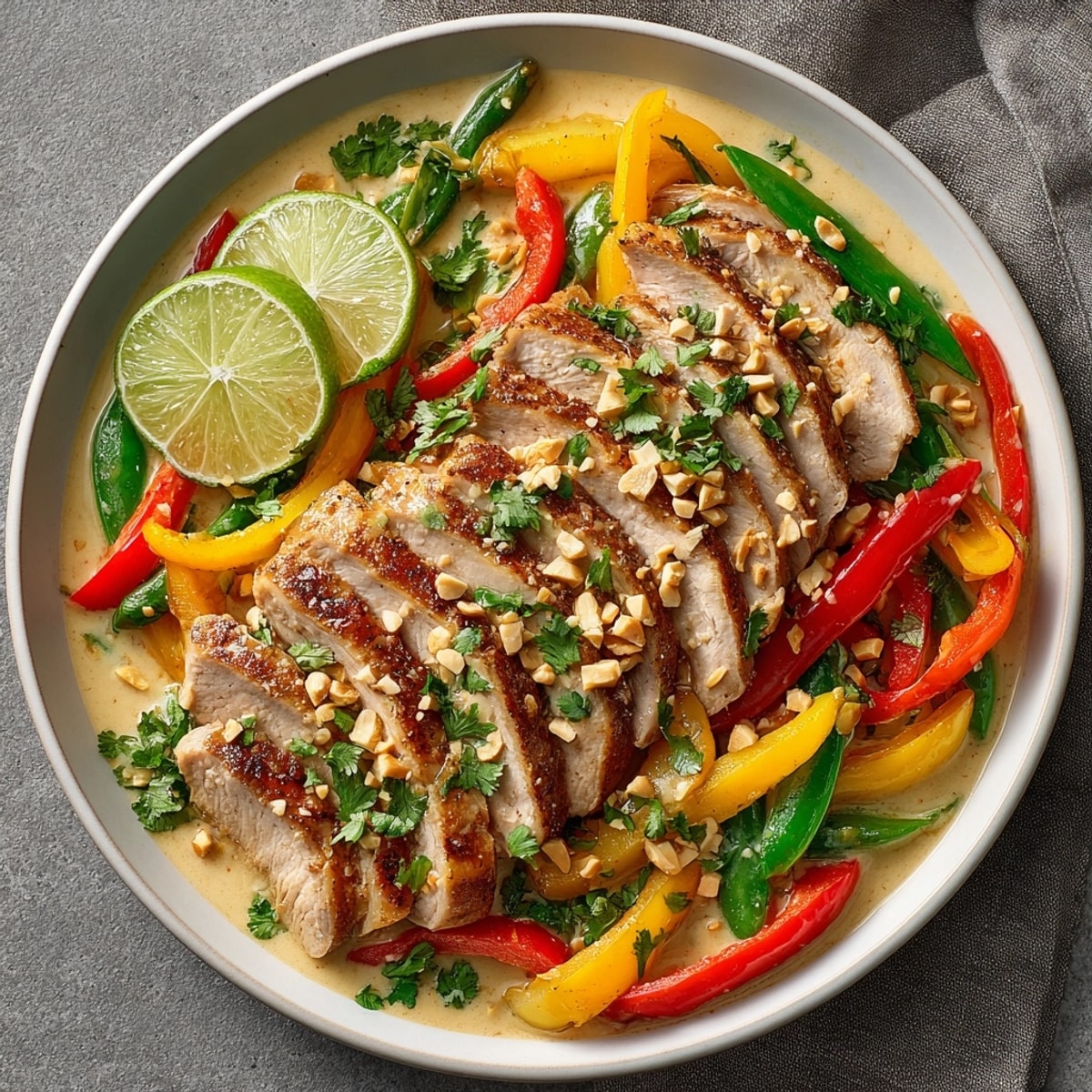 Hearty bowl of Thai Peanut Chicken Stir-Fry paired with jasmine rice for an inviting weeknight dinner.