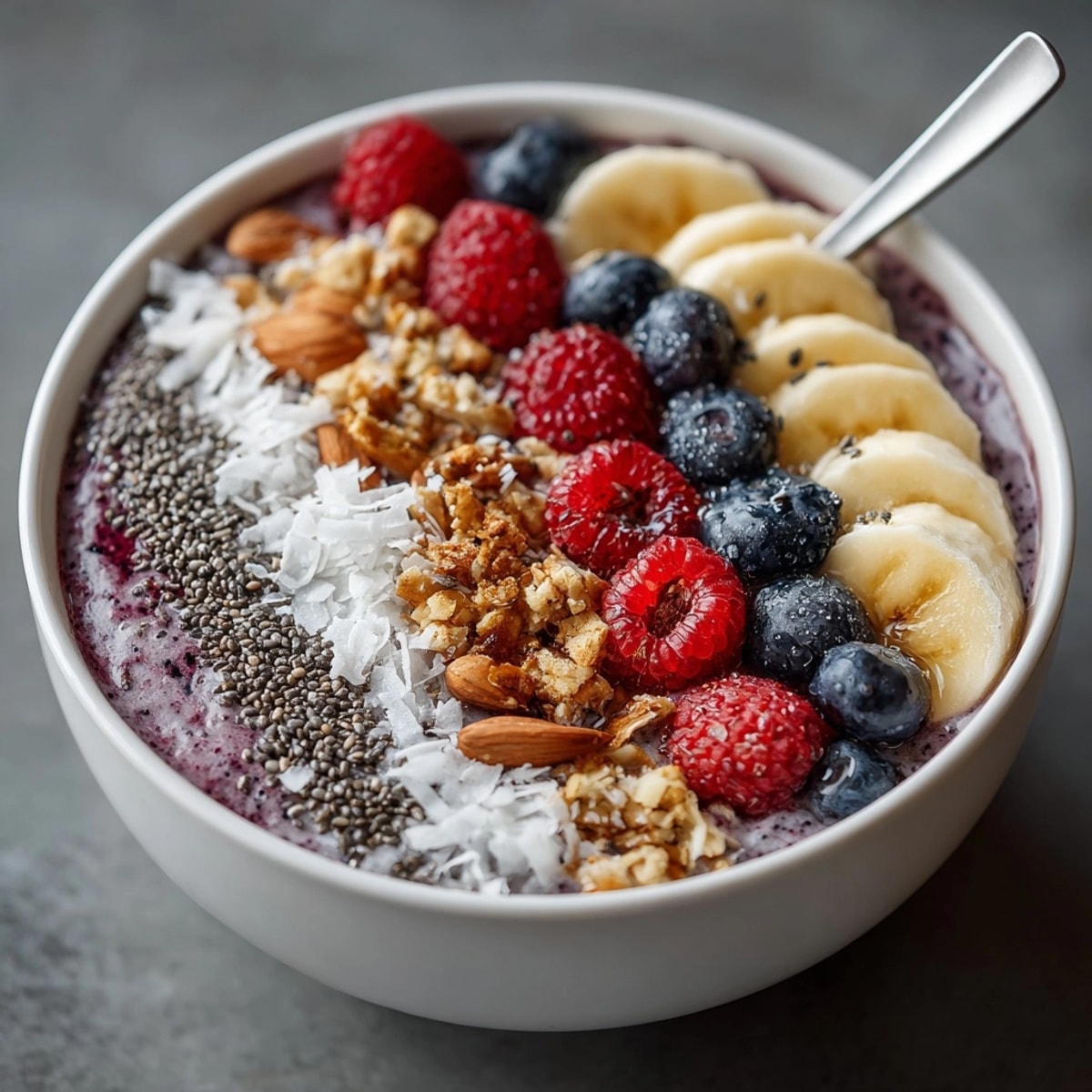 Protein smoothie bowl with berries served in a white bowl, finished with fresh toppings.