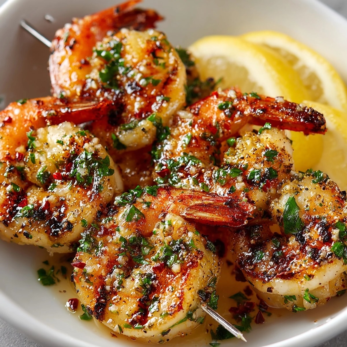 Garlic Butter Shrimp Skewers sizzling on the grill, brushed with golden butter and herbs.