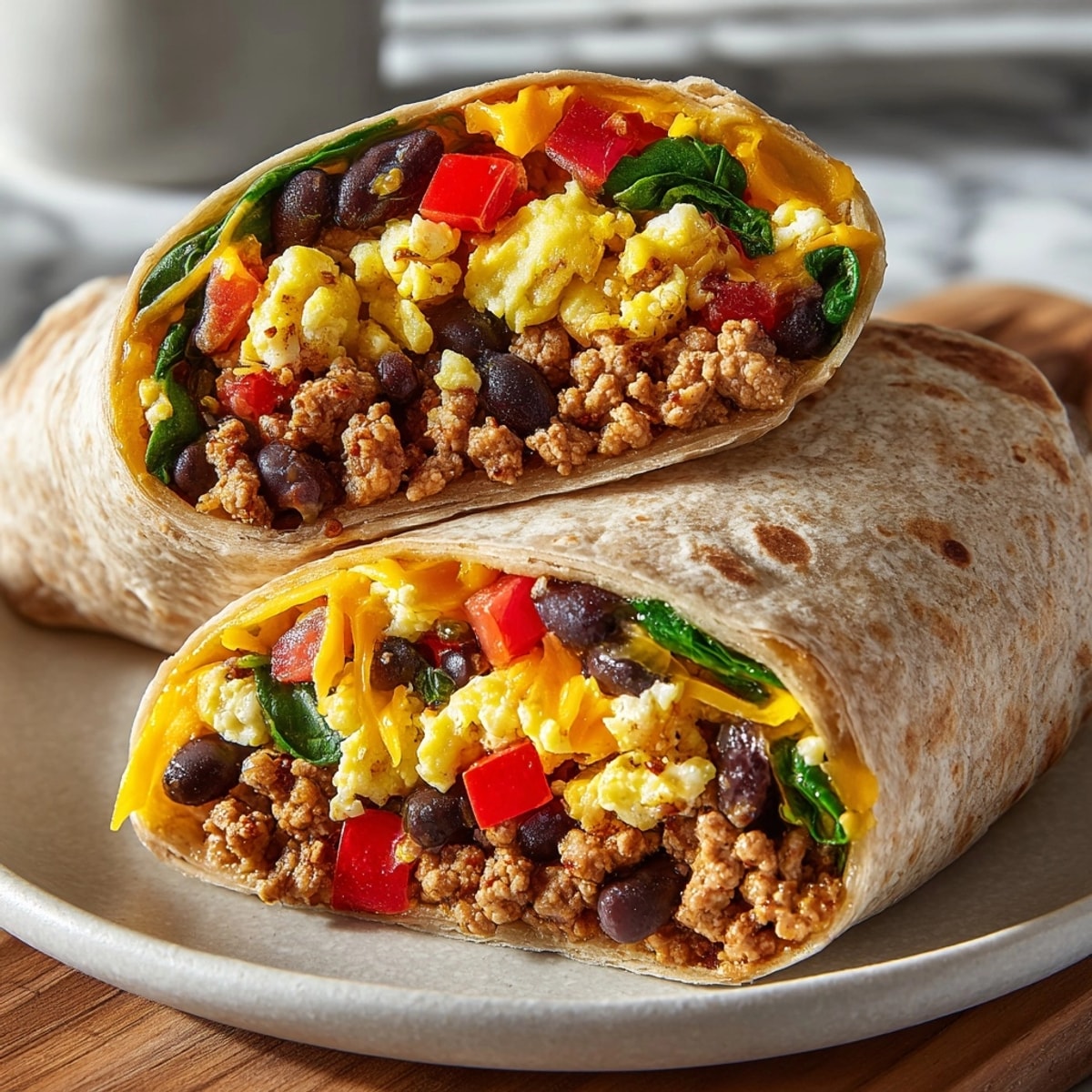 Protein-Packed Breakfast Burrito with eggs, turkey, black beans, and colorful fresh vegetables wrapped in a warm tortilla
