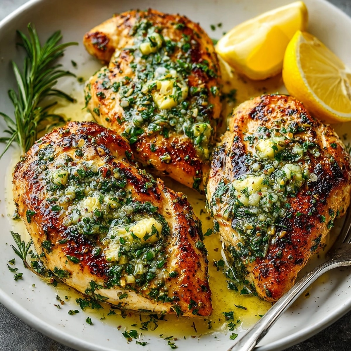 Homemade garlic herb butter chicken baked golden, resting in a fragrant, buttery sauce.