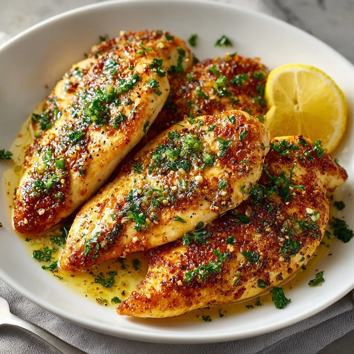Family-style platter of garlic herb butter chicken with lemon wedges and fresh herbs on top.