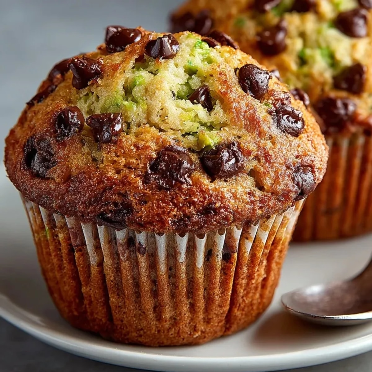 Freshly baked avocado chocolate chip muffins cooling on a wire rack, loaded with melty chocolate bits.