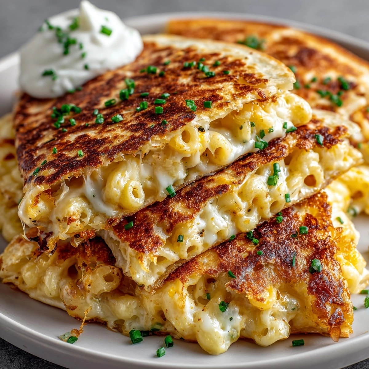 Mac and cheese quesadillas sliced into wedges, with golden crispy tortillas and gooey cheese filling.