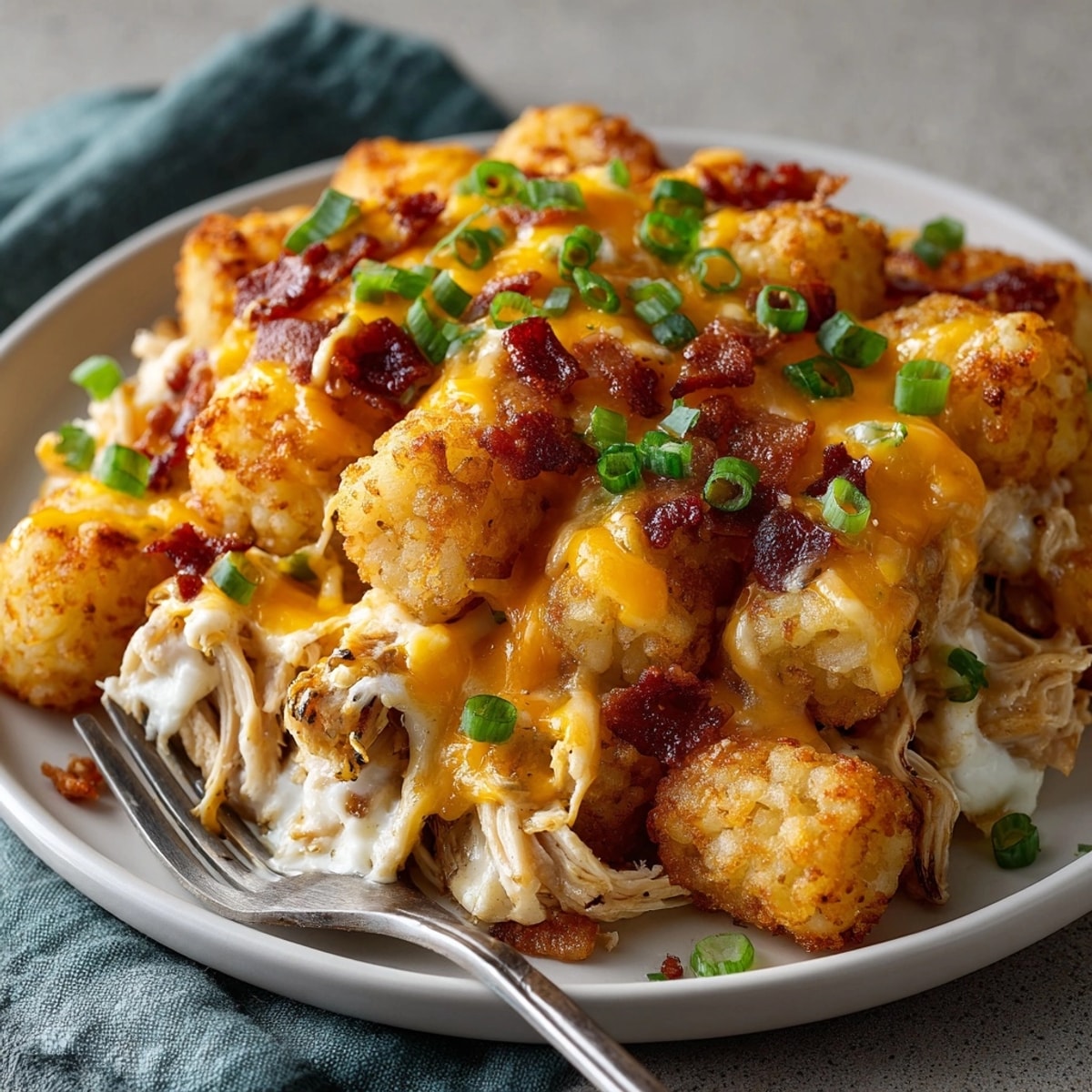 Golden Chicken Bacon Ranch Tater Tot Casserole bubbling hot from the oven, crispy and savory