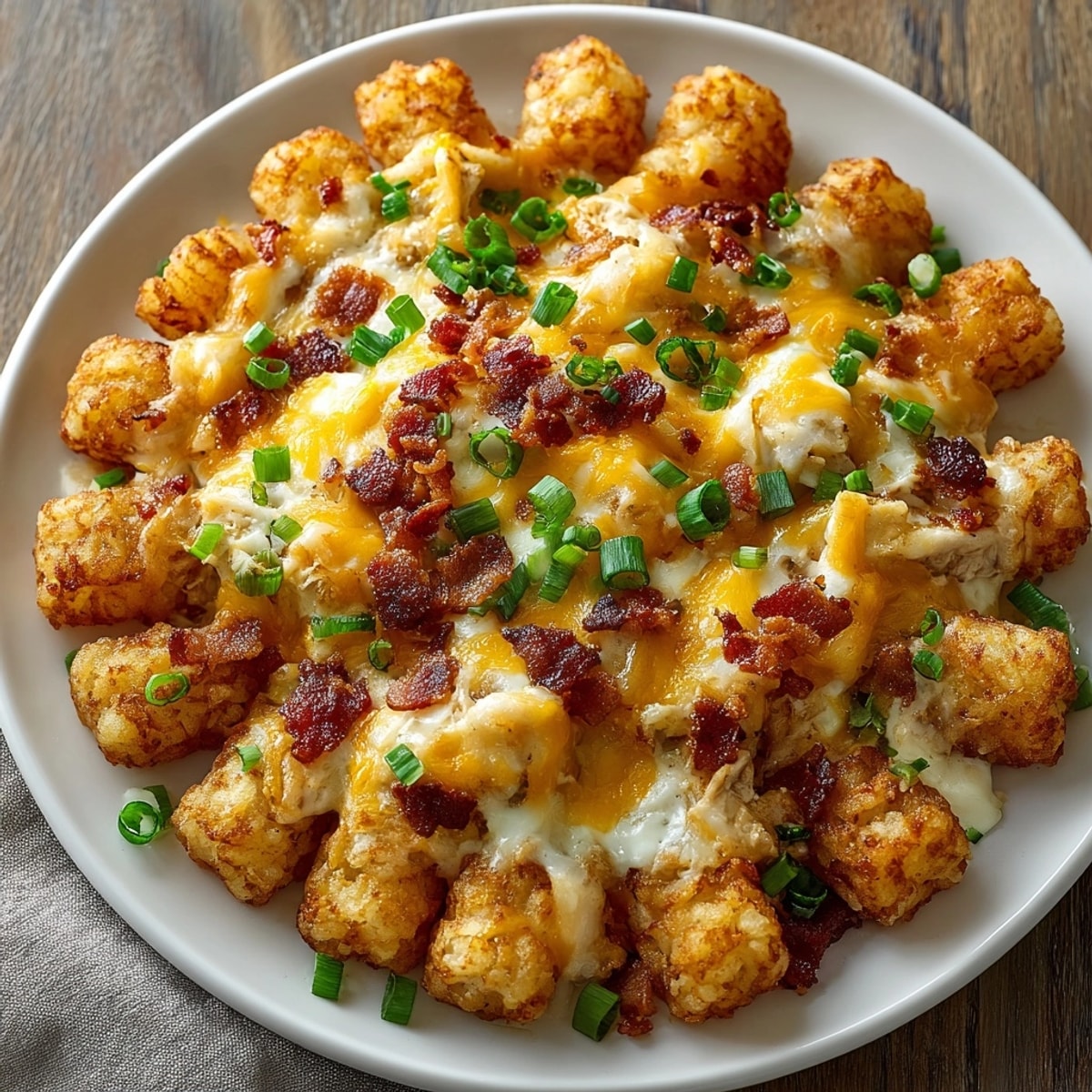 Close-up of Chicken Bacon Ranch Tater Tot Casserole topped with melted cheese and fresh chives