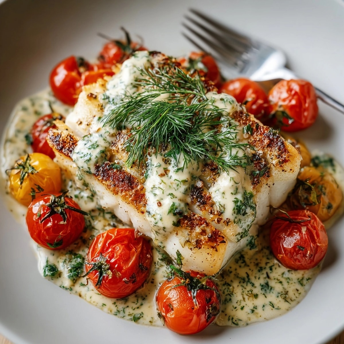 Grilled Cod with Roasted Tomatoes & Creamy Dill Sauce plated with golden, flakey fish and vibrant tomatoes.
