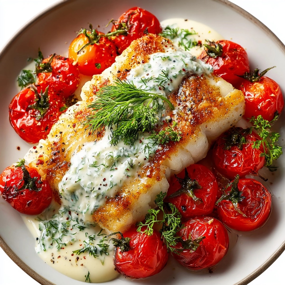 Juicy roasted tomatoes and tender grilled cod topped with creamy dill sauce, ready to serve.