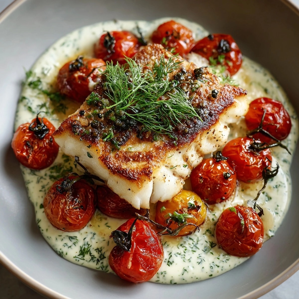 Restaurant-style Grilled Cod with Roasted Tomatoes & Creamy Dill Sauce garnished with fresh herbs on a dinner plate.