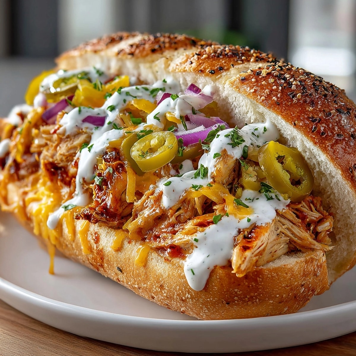 Buffalo Chicken Cheesesteak sandwich loaded with melted provolone, sautéed onions, and spicy sauce.
