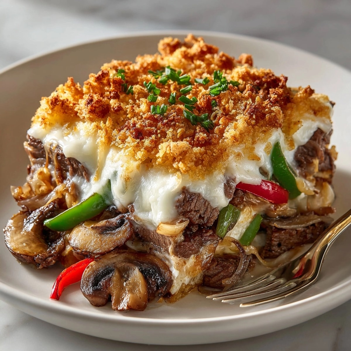 Philly Cheese Steak Casserole fresh from the oven, gooey cheese bubbling over golden topping.